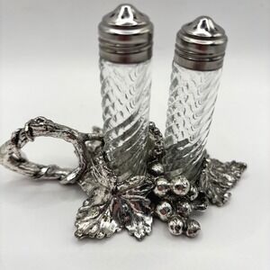 Arthur Court 1998 Grape Leaf Pewter Salt and Pepper Shaker Set Glass Twist Tall